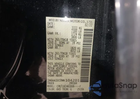 2022 Nissan Titan Sv 4X4 из США, поврежденный, VIN 1N6AA1EC0NN104201